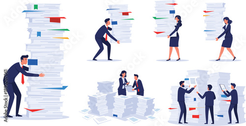 Vector Illustration of Business People Working Under Stacks of FilesVector Illustration of Business People Working Under Stacks of Files