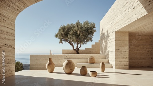 Wallpaper Mural Architectural outdoor space with earthen-toned vessels and an olive tree against a serene ocean view Torontodigital.ca