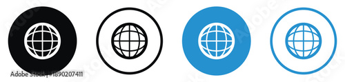 Set of four minimalist globe icons in circular frames. Black and blue variations in solid and line art styles. Clean vector symbols for global network, world connectivity, and international business.