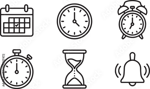 A collection of time management and scheduling icons including a calendar, clock, and hourglass Vector