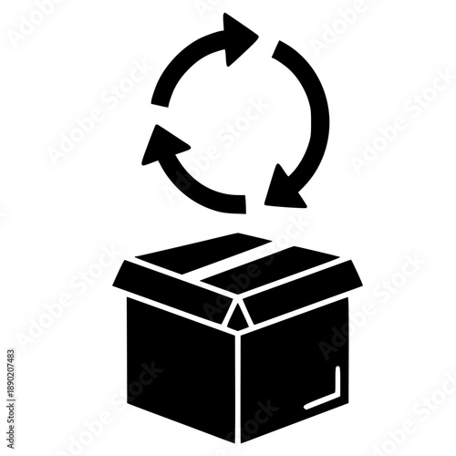 Simple black and white icon depicting a return process symbolized by revolving arrows above an open cardboard shipping box.