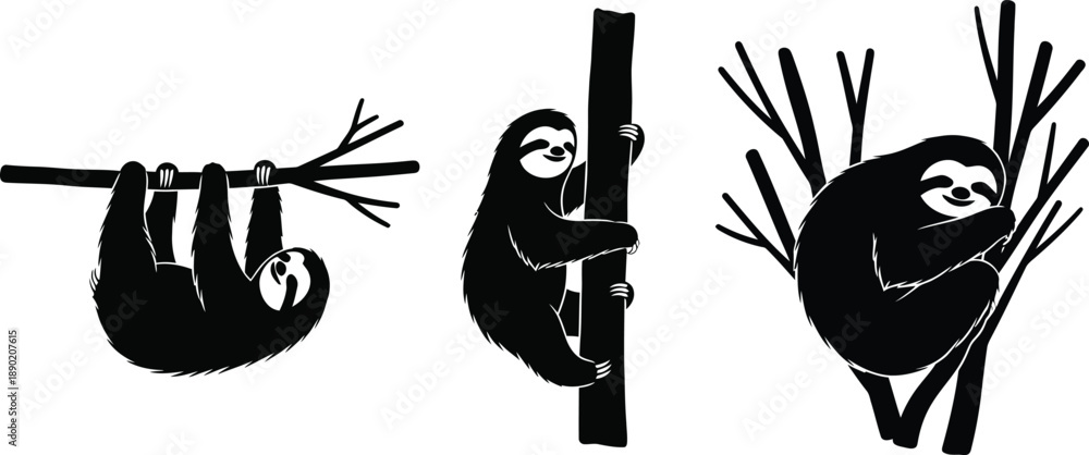 Naklejka premium Relaxed Sloth Figures Hanging from Branches. Wildlife Illustration Trio for Nature and Calm Lifestyle Concepts. Slow Living Them