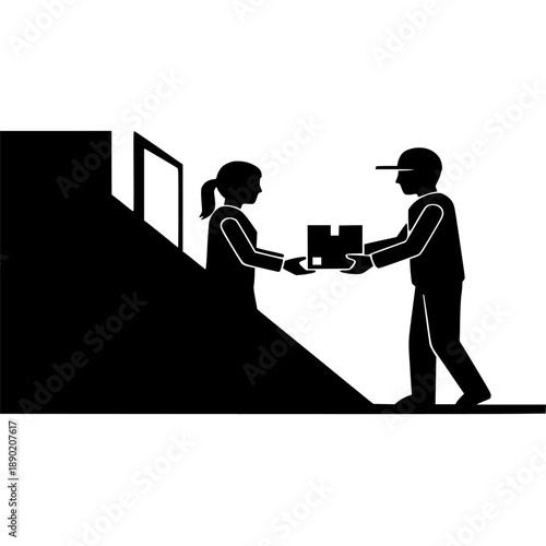 Black and white icon depicting a delivery person handing a parcel to a recipient at a doorway entrance.