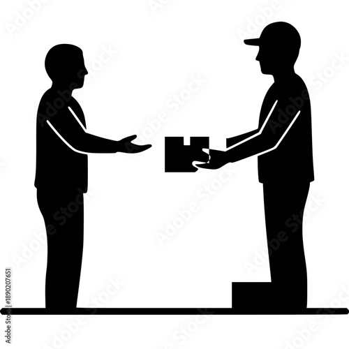 Simple black silhouette icon illustrating a delivery person handing a securely packed cardboard box to a waiting customer recipient.