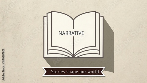 Minimal stylized open book with 'Narrative' and 'Stories shape our world' text, rendered in gigapixel standard v2 4x