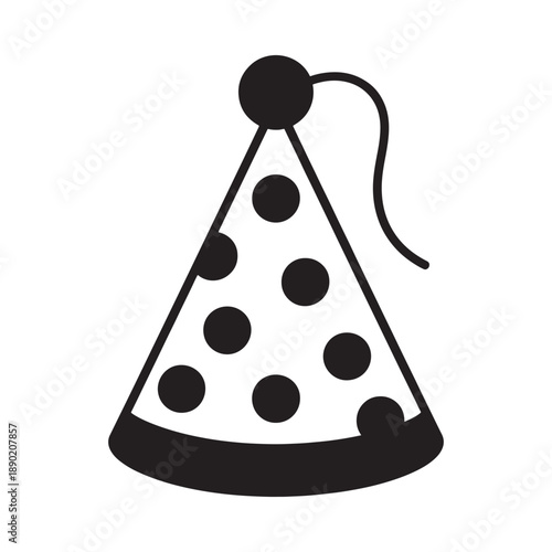 A simple black and white illustration of a party hat with polka dots