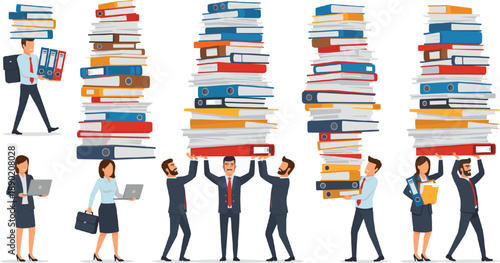 Vector Illustration Set of Business Professionals Carrying Massive Stacks of Folders and Files Representing Extreme Workload and Data ManagementVector Illustration Set of Business Professionals Carryi