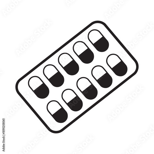 A black and white illustration depicting a blister pack of pills