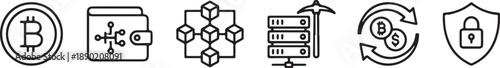 Digital currency concept icons including bitcoin, blockchain, wallet, mining, exchange, and security Vector