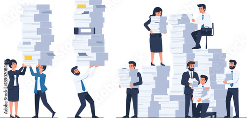 Vector Illustration Set of Business Professionals Struggling with Massive Piles of Paperwork and Office StressVector Illustration Set of Business Professionals Struggling with Massive Piles of Paperwo
