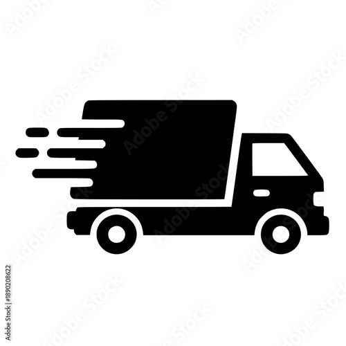 Black and white icon silhouette of a delivery truck rapidly moving forward symbolizing fast shipping and logistics services