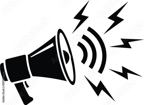 Black megaphone emitting sound waves and lightning bolts on white background bullhorn announcement