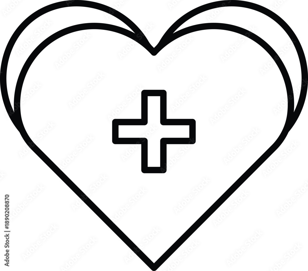 Obraz premium Black outline heart symbol with plus sign inside on white background medical symbol health care