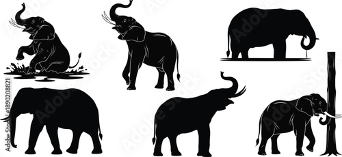 A collection of black elephant silhouettes in various poses on a white background.Large Mammal Shape Collection Representing Strength and Memory. Elephant Silhouettes for Wildlife, Nature