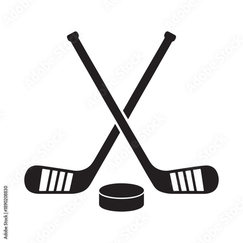 A simple black and white illustration depicting crossed hockey sticks and a puck