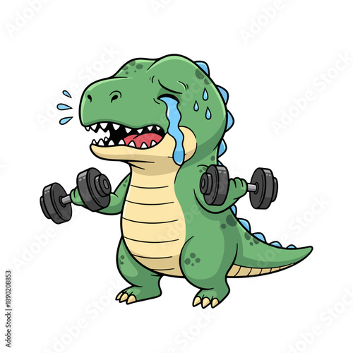Funny T-Rex Cartoon Vector SVG Dinosaur Lifting Weights Crying Dino, Cute Dino, Isolated on white background 