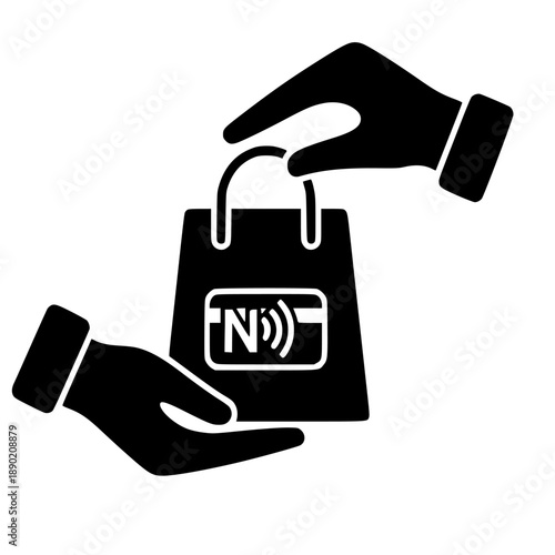 Simple black and white vector icon illustrating contactless payment transaction for receiving purchased goods via a shopping bag.