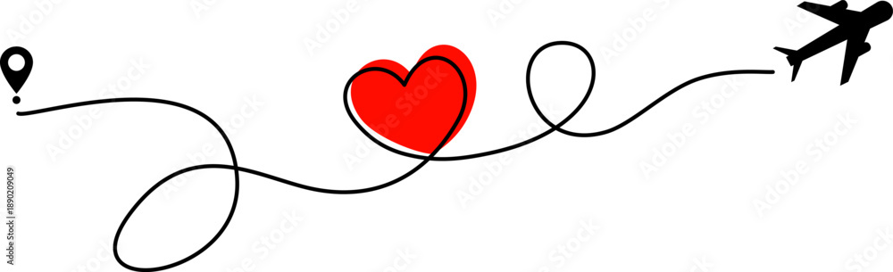 Φωτογραφία Creative airplane route with a red heart-shaped loop, adventure theme