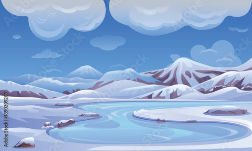 Winter Landscape with Frozen Lake, Mountains and Cloudy Sky, Cold Winter Landscape with Mountains and Frozen Lake
