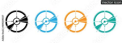 Dynamic speedometer icons in four colors for business or tech projects