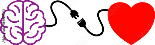 Brain-heart connection, joined by a plug logic vs. emotion. Purple brain connected to a red heart concept of psychological balance