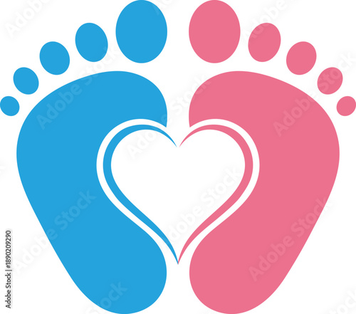 Blue and pink baby footprints forming a heart shape love