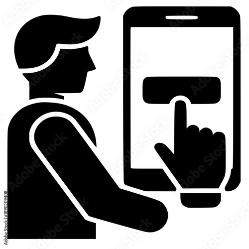Silhouette of a customer using a mobile phone application to immediately purchase an item by tapping the prominent buy now button.
