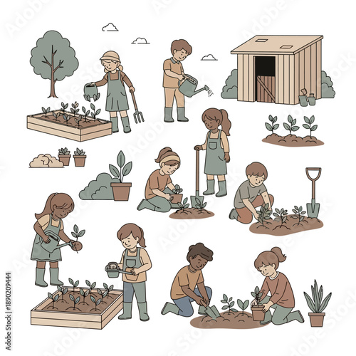 People gardening together in a lush garden with various plants and gardening tools