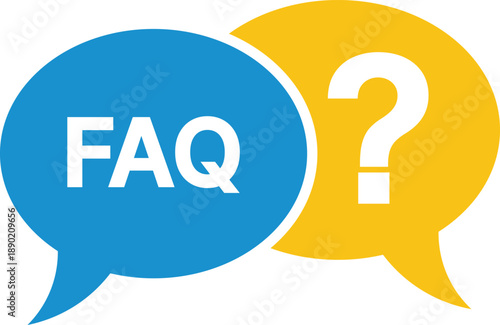 Blue speech bubble with FAQ text next to yellow speech bubble with question mark