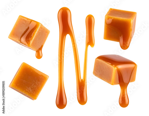 Caramel candy cubes with dripping caramel sauce, glossy sticky sweet toffee texture set, dessert topping closeup on isolated background