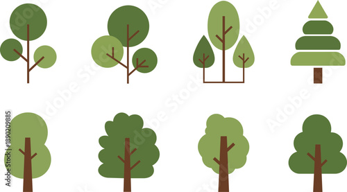 Eight stylized flat green trees with brown trunks on white background nature