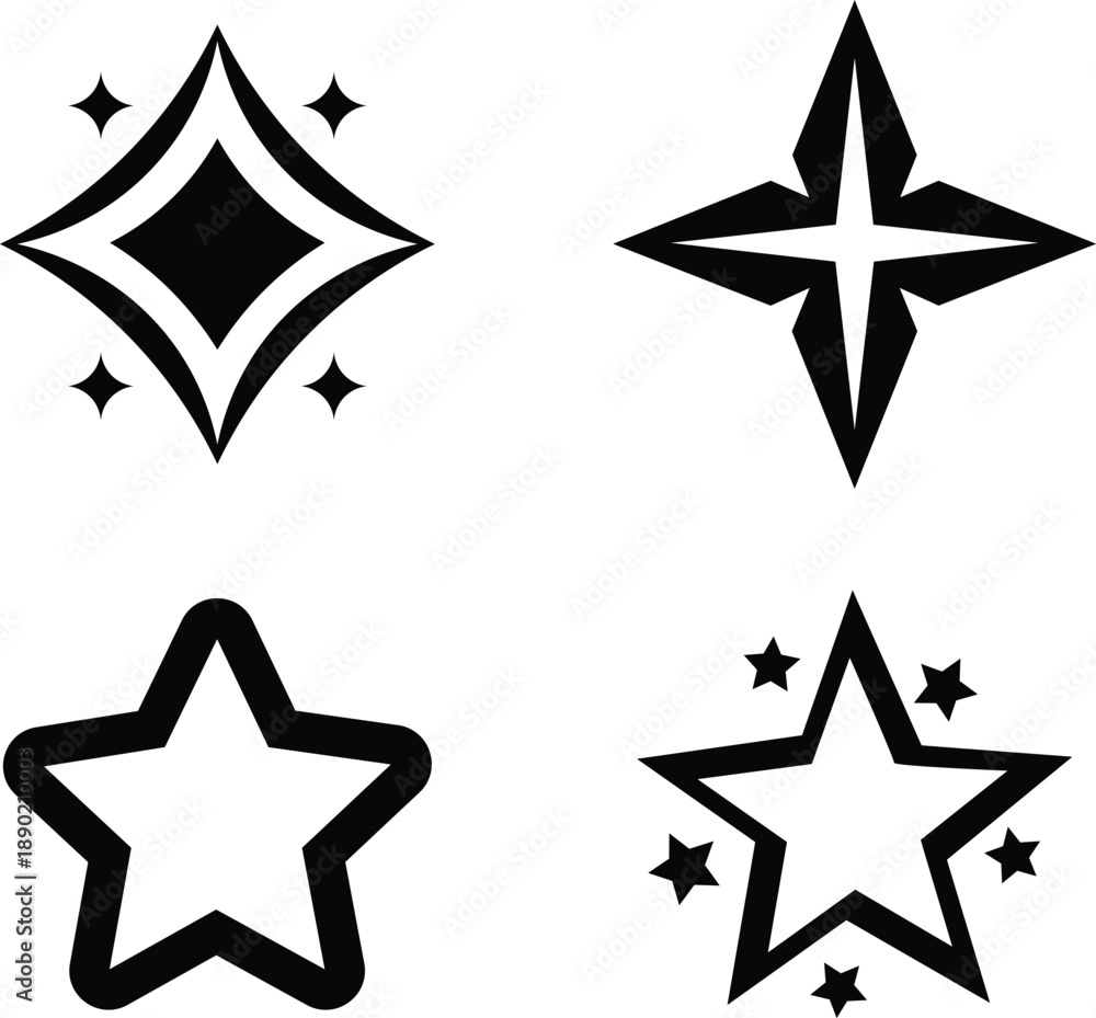 Obraz premium Four black star shapes and sparkles on a white background stars