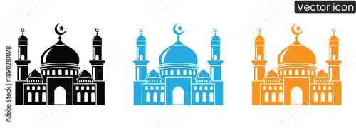 Set of vibrant mosque icons in black, blue, and orange for cultural and religious designs, adding a touch of spirituality and faith to your projects