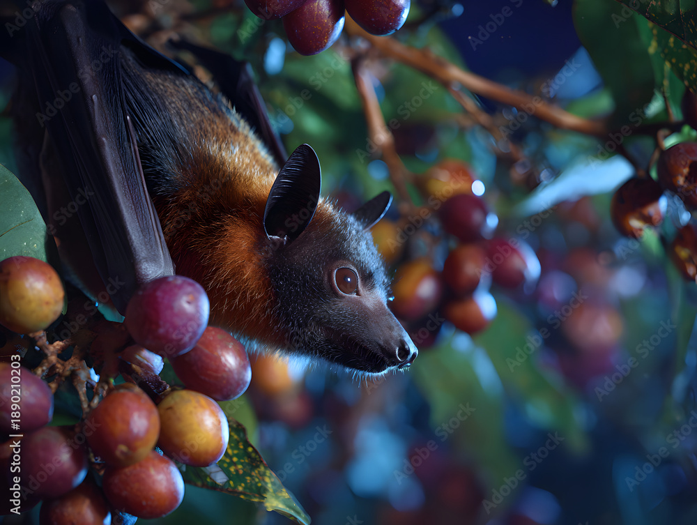 Fototapeta premium Fruit bat feeding on ripe fruit among dense tropical foliage at night, soft moonlit mood and vivid color contrast
