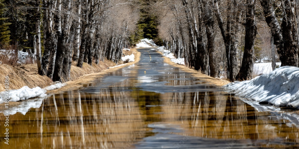 Obraz premium Forest road reflecting melting snow in spring