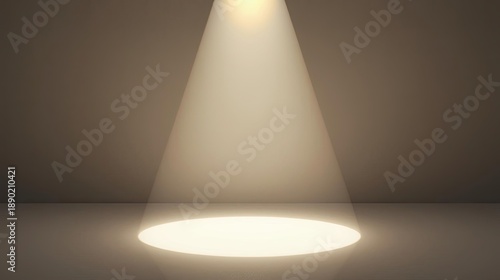 Minimal spotlight stage background with soft warm light cone on empty floor, dramatic studio illumination, abstract scene for product presentation, advertising, branding, and creative display concept