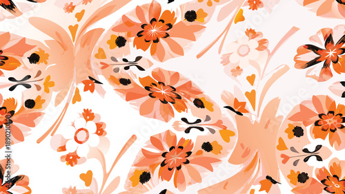 Abstract floral design vibrant orange blossoms with black accents on white background evoking energy warmth and modern elegance for creative
