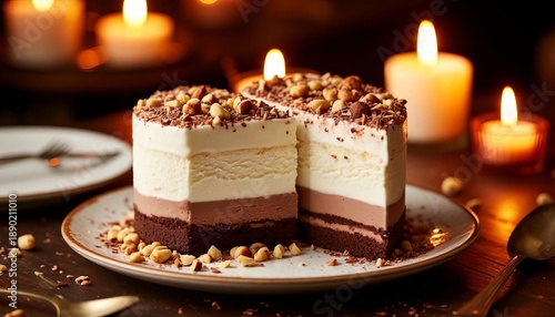 A beautiful birthday cake with layers of nuts is on the table with candles.