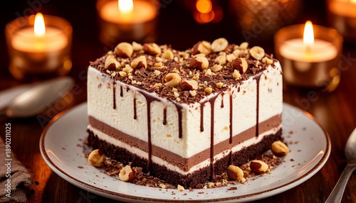 A beautiful birthday cake with layers of nuts is on the table with candles.