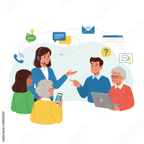 Customer service team assisting clients with digital support and communication tools