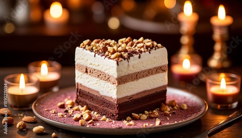 A beautiful birthday cake with layers of nuts is on the table with candles.