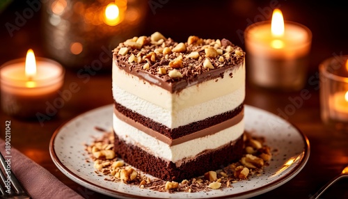 A beautiful birthday cake with layers of nuts is on the table with candles.