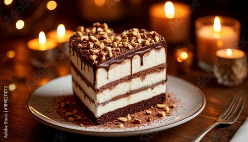 A beautiful birthday cake with layers of nuts is on the table with candles.