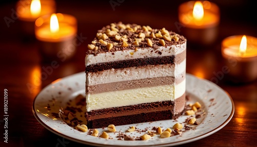 A beautiful birthday cake with layers of nuts is on the table with candles.