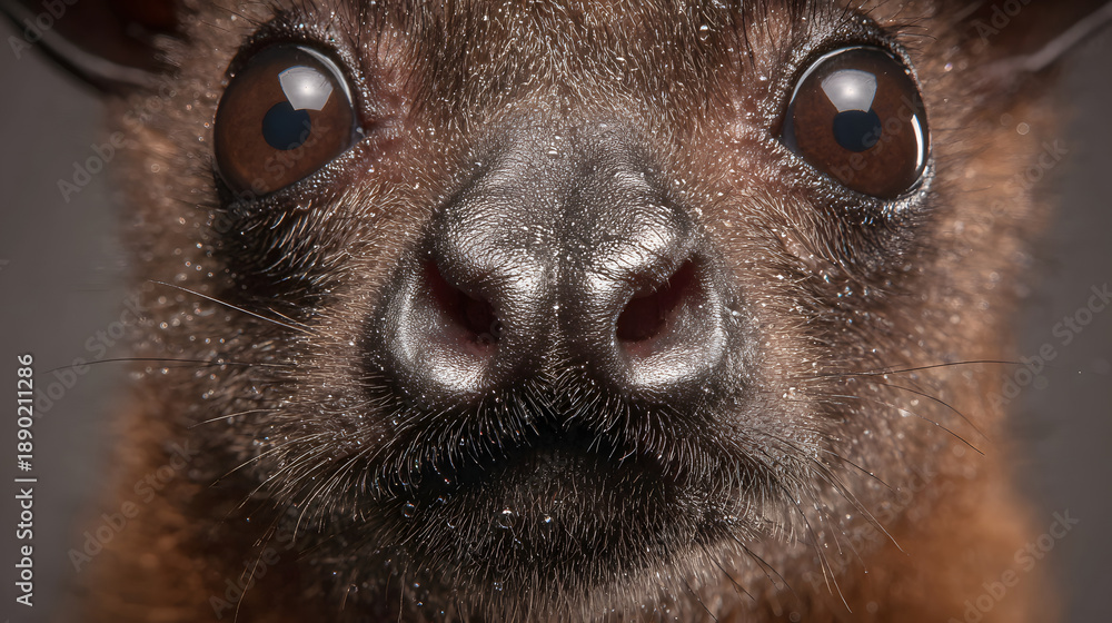 Fototapeta premium Fruit bat close up face with glossy eyes and textured nose conveying curiosity and intensity