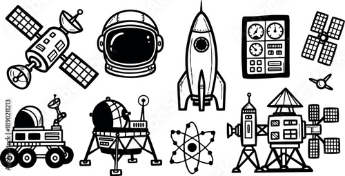 Black and white line art set of space exploration icons with astronaut helmet rocket satellite and lunar rover elements