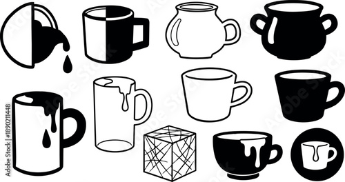Black and white vector art set of coffee cups and mugs in various styles with dripping paint effect and ice cube illustration