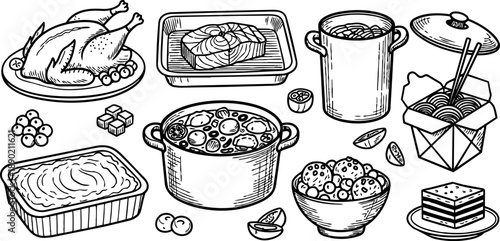 Hand drawn black and white food illustration with whole chicken roast salmon fillet soup and asian noodles in vector art style