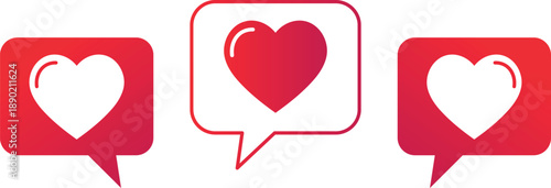Three red gradient speech bubbles with white hearts inside on white background love chat