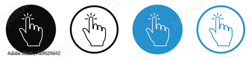 Set of four circular touchscreen icons showing a hand pressing a point. Variants include black, white, and blue backgrounds. Ideal for UI design, apps, and interactive technology visuals.